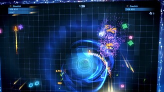 Geometry Wars 3: DimensionsDie kleinen, grünen Objekte, die besiegte Feinde hinterlassen, bescheren uns Bonuspunkte und Multiplikatoren.