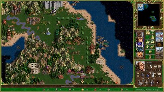 Heroes of Might + Magic 3 HDSuchtfaktor 1: Abfangjagden. Unten räubert ein violetter Held in unserem Gebiet, wir schicken Reckin Artemis auf Kollisionskurs. Die Strategische Karte nutzt das Widescreen-Format voll aus.