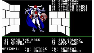 Sehr lange vor Heroes Huch, was macht Bard’s Tale denn hier? Falsch: Das ist ein Shot der C64-Version von Might + Magic Book 1, in dem Sie mit einer Heldengruppe durch Dungeons ziehen. In »3D«! Mit dabei sind Helden, die später auch in der Rundenstrategie-Serie mitmischen werden, zum Beispiel Barbar Crag the Hack.