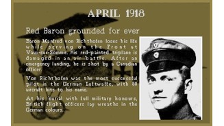 Historyline: 1914-1918Nach jeder Mission scrollen historische Meldungen über den Schirm – hier zum Abschuss des Roten Barons ...