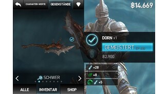 Infinity Blade 2Unsere schwere Waffe »Dorn« macht Giftschaden und richtet dank Edelstein zusätzlichen Schaden an. Außerdem hat Siris sie schon gemeistert, ist also damit besonders effektiv.