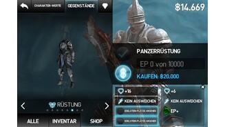 Infinity Blade 2Verdammt, noch reicht die Kohle nicht für die tolle Panzerrüstung. Der gut gefüllte Shop sorgt für ständige Motivation.