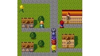 In a town. The characters are bigger than the houses :)