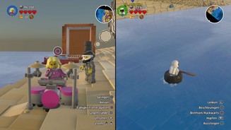 Lego WorldsIm Splitscreen haben beide Spieler volle Freiheit. Hier probiert der Spieler rechts das Schlagzeug aus, während der andere feststellt, dass auch Wasser kein Hindernis darstellt.