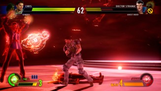 Marvel vs. Capcom InfiniteDer rote Hintergrund wird vom Sturm eines Infinity Stones erzeugt. Dieser hat eine eigene Energieleiste. Ist sie voll, kann man diese Sonderbedingung auslösen. Sie wirkt für ein paar Sekunden auf die Feinde ein und hat je nach Stein einen unterschiedlichen Effekt.