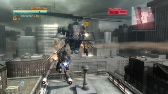 Metal Gear Rising: RevengeanceBallert ein Hubschrauber mit Raketen auf uns, klettern wir kurzerhand über die Geschosse, um dem Heli den Rotor zu kappen.