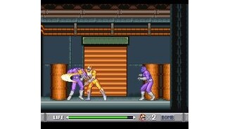Fighting two violet guys with the blade, dressed in a robotic suit