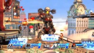PlayStation All-Stars Battle RoyaleIm Hintergrund der Bioshock Infinite-Stage, mischt sich ein riesen Twisted-Metal-Roboter ins Geschehen ein.