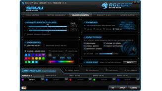 Roccat SavuIm »Advanced Control« Fenster stellen Sie die Beleuchtung ein, die USB-Frequenz und nehmen Feintuning an der Empfindlichkeit vor.