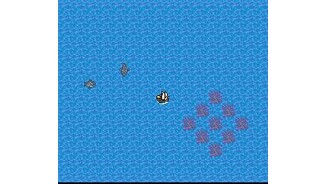 The pirate is navigating his ship, surrounded by fish