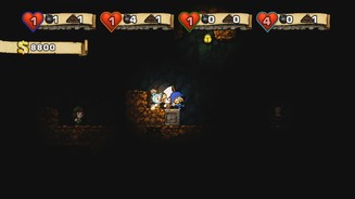 SpelunkySpelunky kann mit bis zu vier Spielern im Koop-Modus gespielt werden. Die Kamera ist dabei auf den Gruppenleiter fokussiert, der an seiner weißen Flagge zu erkennen ist.