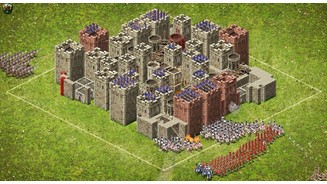 Stronghold KingdomsKI-Angriff: Am Burgrand unten rechts haben wir brennendes Pech ausgekippt, darunter knöpfen sich drei ausfallende Reiter Bogenschützen vor.