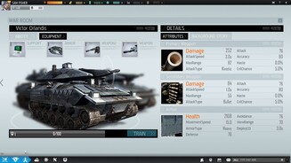 Tom Clancy’s Endwar OnlineJeder Truppentyp hat vier Komponenten, dieser Panzer zum Beispiel Hauptgeschütz und MG, Panzerung und Support (erhöht unter anderem die Sichtweite). Der zuständige Held bringt zusätzliche Boni.