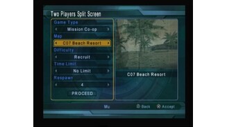Two players split screen offers several different co-op modes including campaign missions (each player controls one soldier, not a team)