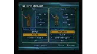 In split screen mode each player has only one soldier so choose equipment carefully