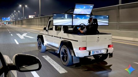 Er spielt auf der Ladefläche eines Pick-ups während der Autobahnfahrt mit vier Monitoren ein Videospiel, doch entscheidend ist nicht das »Wieso« sondern das »Ob«