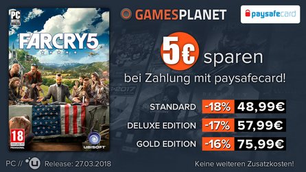 Far Cry 5 bei Gamesplanet - Mit Paysafecard 5 Euro sparen, bis zum 27. März Vorbesteller-Boni sichern