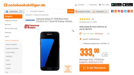 Galaxy S7 für 283 €, Honor 9 für 279 € - 50€ Rabatt auf Smartphones bei notebooksbilliger.de