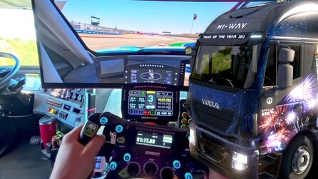 LKW-Fahrer baut sich High-End-Fahrsimulator in den Beifahrersitz, damit er auch dann noch fahren kann, wenn er im Stau steckt