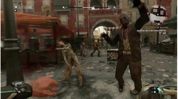 Dying LightMeistens sind die Zombies deutlich in der Überzahl. Da hilft nur die Flucht auf die Dächer.