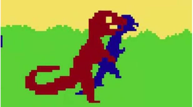 Dino Wars (1980)Wer denkt, dass es die Dinos erst durch Jurassic Park in Videospiele geschafft haben, irrt. Schon 1980 schlugen sich pixelige Echsen in Dino Wars die Köpfe ein. Im Stil alter Arcade-Spiele kontrolliert hier jeder Spieler einen Dino mithilfe eines Joysticks und muss versuchen, den Dinokämpfer in Angriffsposition zu bringen, was zum einen oder anderen unterhaltsamen »Tänzchen« führt.