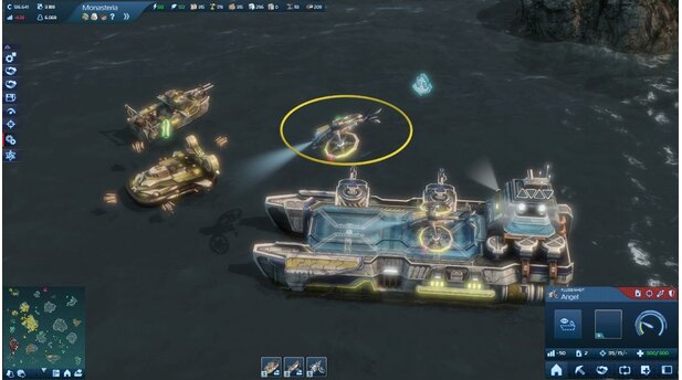 Anno 2070: Die TiefseeDer Atlas-Träger ist ideal als schwimmendes Hauptquartier geeignet. Aber sehr verwundbar -- lassen Sie eine Eskorte bei ihm!