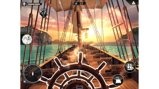 Assassins Creed PiratesDie meiste Zeit verbringt Pirat Alonzo am Steuerrad, von wo aus er der detailliert animierten Mannschaft bei der Arbeit zusehen kann. (iPad)
