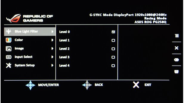 Der Asus PG258Q hat einen Blauchlichtfilter, der sich in fünf verschiedenen Stufen justieren lässt. Geringere Blaulicht-Anteile sollen grade bei längerer Zeit vor dem Monitor weniger anstrengend für die Augen sein.
