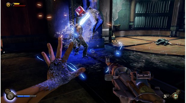BioShock Infinite - Burial at SeaAuch altbekannte Plasmide, wie das Blitze-schleudernde »Electrobolt« oder den Luftstoß »Sonic Boom«, können wir im DLC wieder einsetzen.