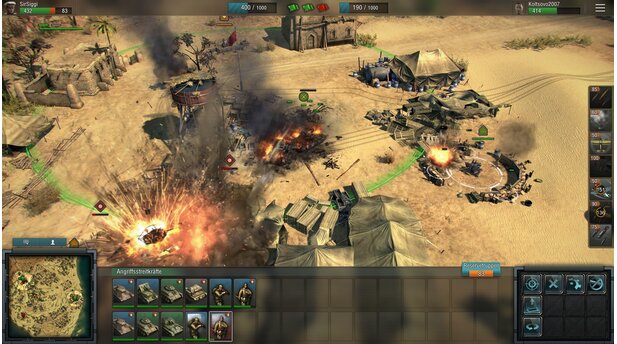 Blitzkrieg 3Die schnellen Multiplayergefechte (1vs1, 2vs2 und 3vs3) sind meistens nach rund zehn Minuten entschieden. Wichtig: An den Flaggenpunkten möglichst alle festen Flak-, MG- und Geschützstellungen mit Infanterie besetzen.