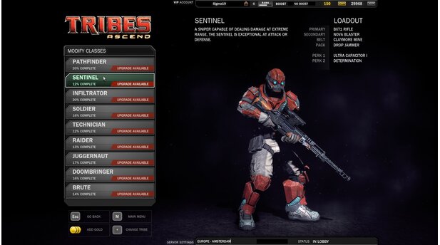 Tribes: Ascend - Die KlassenDer Sentinel mit seinem Scharfschützengewehr ist eher eine defensive Klasse. Weil die Wumme auf riesige Entfernungen leicht zu handhaben ist, lassen sich damit vor allem flüchtende Flaggenträger zurück auf den Boden holen.