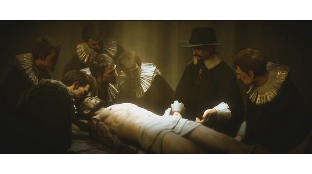 [01] Wer den Teaser-Trailer von der GDC gesehen hat, erkennt die Einstiegsszene wieder: Hier erwacht ein Renaissance-Gemälde zum Leben, »Die Anatomie des Dr. Tulp« von Rembrandt (1632).