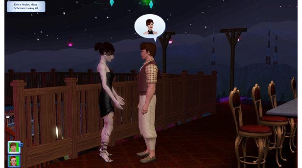 Die Sims 3: Late NightEinen Vampir kann man nicht erstellen, sondern muss sich im Spiel beißen lassen. Dazu muss unser Sim Schmonzo (rechts) erst mal einen Vampir finden und sich mit ihm anfreunden.