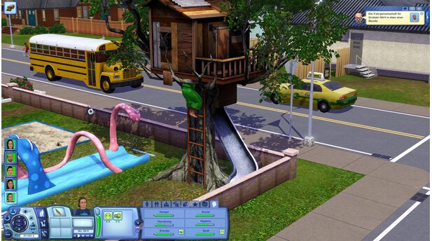 Die Sims 3: LebensfreudeWährend die Kinder zur Schule gekarrt werden, klettern Mama und Papa für eine Techtelmechtel ins Baumhaus der Kinder.
