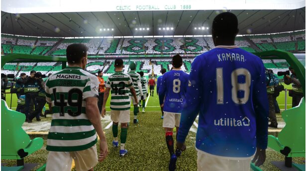 eFootball PES 2020Große Stimmung vor dem Old Firm in Glasgow. Der Einmarsch der Spieler wird großartig inszeniert. Besonders hübsch ist die Choreo im Hintergrund der Celtic-Fans.