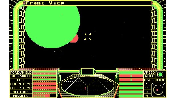 Elite (1984)Schon seit Mitte der 80er-Jahre nutzen Spieleentwickler Polygone, um Räumlichkeit zu simulieren. Der Weltraum-Shooter »Elite« blendete Kanten von verdeckten Polygonen aus, so dass der Eindruck entstand, es handele sich um feste Körper.