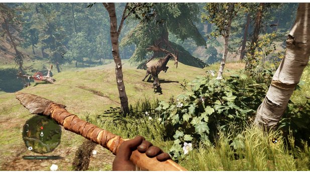 Far Cry PrimalSchöne, dynamische Welt: Der Wolf hier überfällt den Hirsch. Wir nähern uns von hinten und überfallen beide.