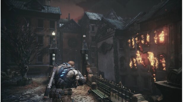 Gears of War: JudgmentIm ersten Abschnitt laufen wir durch Halvo Bay und ringsum wird die Satdt in Schutt und Asche gelegt.