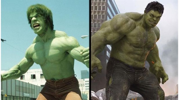Hulk
Lou Ferrigno in Der unglaubliche Hulk (1978 bis 1982) und Mark Ruffalo in Marvels The Avengers (2012).
© Koch Media Marvel