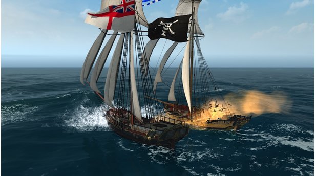 Naval Action Volle Breitseite, das Holz des Piratenschiffs splittert nur so.
