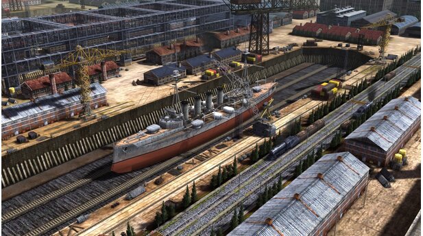 Navy Field 2Die 3D-Schiffsansicht in der Werft ist sehr hübsch. Nur die modernen Frachtcontainer am Kai stören die Atmosphäre.