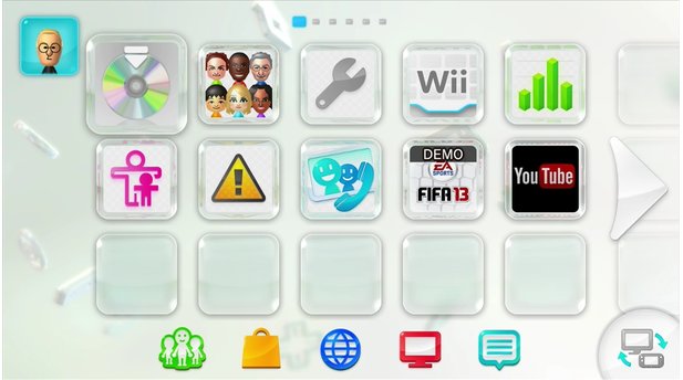 Auf den Kacheln des Hauptmenüs lassen sich Spiele und Apps ablegen. Die verspielte Optik erbt die Wii U von der Wii.