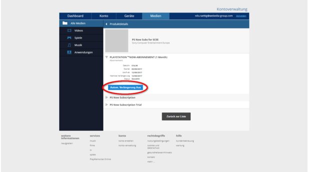Um das PlayStation Now-Abo zu kündigen, muss man sich auf dem PC unter PlayStation.de zu seinem PSN-Konto anmelden und dort unter »KontoeinstellungenMedien« den Eintrag »PS Now Subs for SCEE« auswählen.