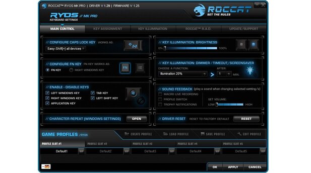 Als erstes Fenster öffnet sich beim Roccat-Treiber das Hauptmenü mit grundlegenden Einstellungen, etwa zum Soundfeedback oder den Windows-Tasten. Die Profilleiste unten ist von jedem Menü aus erreichbar.