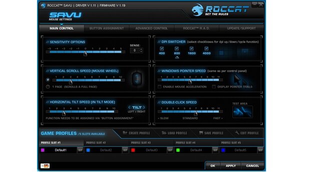 Roccat SavuDas Fenster »Main« liefert einen Überblick über die wichtigsten Einstellungen rund um die Maus.