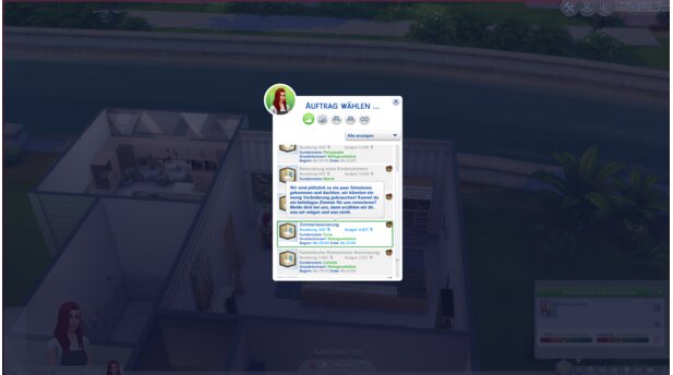 Sims 4: Traumhaftes InnendesignZuerst wählen wir in unserem Handy einen Auftrag - zum Beispiel eine Zimmerrenovierung oder einen Anbau.