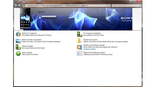 Dieses Fenster öffnet sich, wenn wir das Sony Xperia S mit dem PC verbinden.