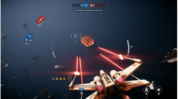 Star Wars: Battlefront 2Auf Knopfdruck feuert unser X-Wing vorübergehend mit allen vier Kanonen synchron - der behäbige TIE Bomber hat keine Chance.
