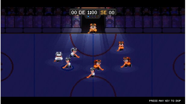 Super Blood HockeyLicht aus, Spot an: Der Einmarsch der putzig animierten Gladiatoren sorgt für heimelige 8-Bit-Gefühlswallungen.