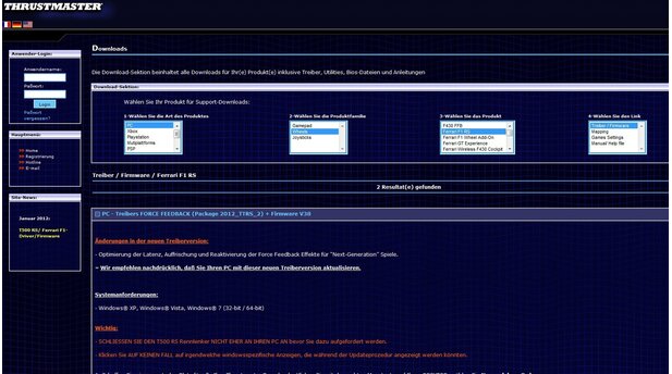 Nachdem Sie auf der Seite des technischen Supports die grundlegenden Eingaben zur Plattform, Art des Steuergeräts, genauen Bezeichnung und Art der zu downloadenden Software gemacht haben, erhalten Sie einen Link zum Treiber und einen zur aktuellsten Firmware.